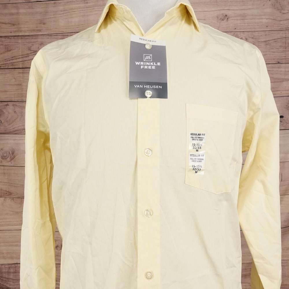 New! Van‎ Heusen Dress Shirt Mens 15.5 32/33 Regular Fit Yellow Stripe